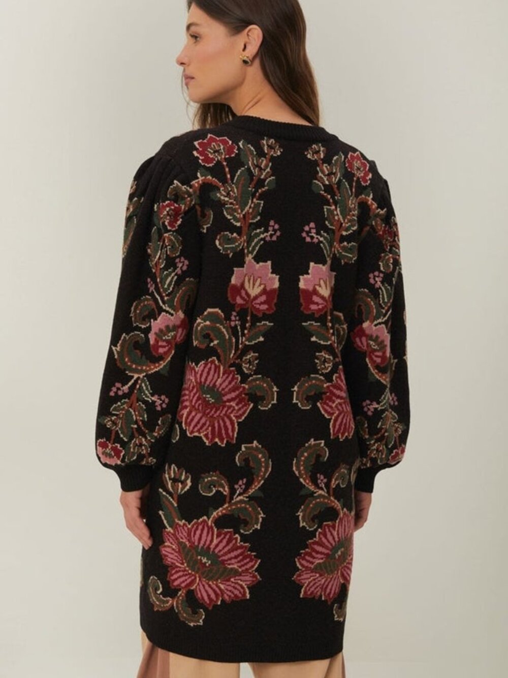 Sold FARM Rio Black Ravenala Knit Floral Midi Cardigan Puffed Sleeves Size XS - Picture 2 of 6